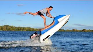 Трюки на самодельном гидроцикле с ПЛМ. Tricks on a makeshift jet ski with outboard engine.