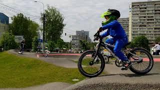 Kids rider Mark Bondarenko. Riding a pump track. 3 years old